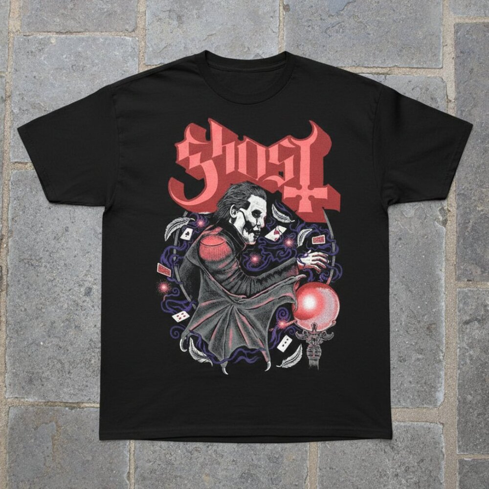 Cardinal Copia Crystal Ball Playing Cards Heavy Metal Rock Graphic Tee Black